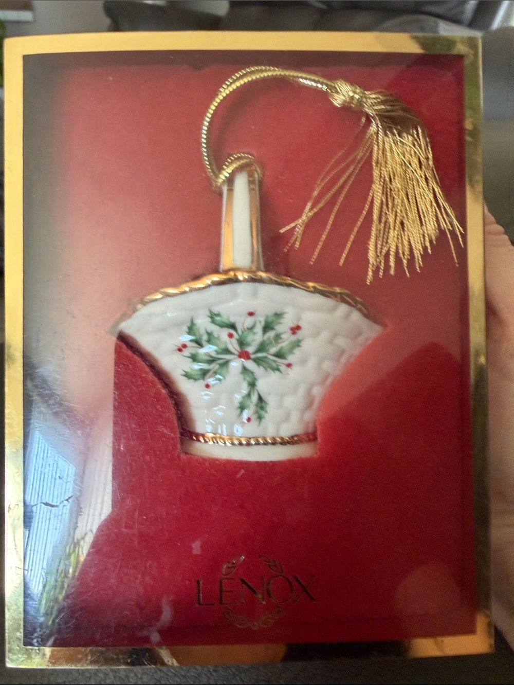Lenox White and Gold Holly Basket Ornament
